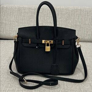 Chic Birkin Style Black Leather Satchel with Gold Accents